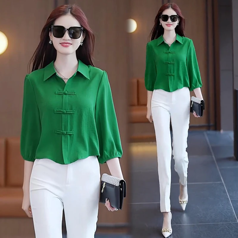 中国风秋装2025新款衬衫宽松显瘦衬衣气质七分袖盘扣上衣女士小衫