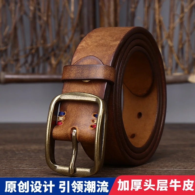 复古工装裤腰带复古手工男士皮带头层纯牛皮铜扣牛仔裤真皮腰带潮