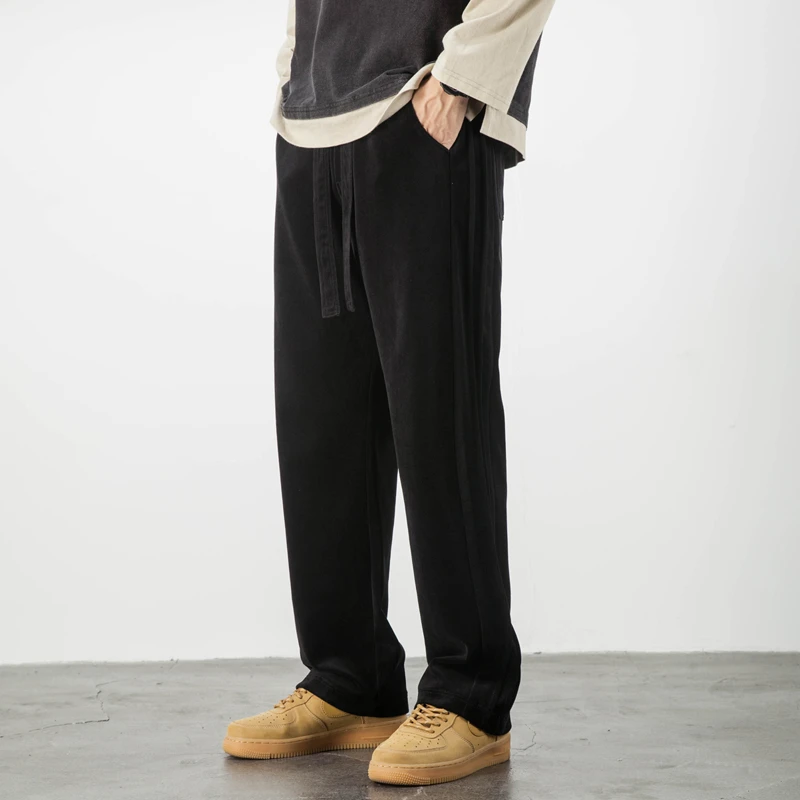 雪尼尔裤子男宽松直筒阔腿垂感春秋款休闲黑色美式潮流运动卫裤