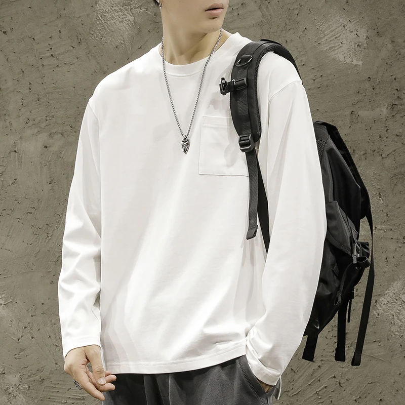 圆领长袖T恤男潮牌春秋季纯棉韩版潮流宽松打底衫男士休闲上衣服