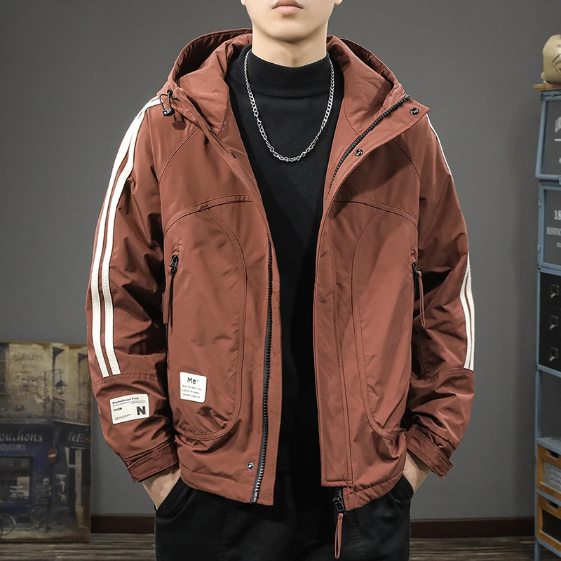 冬季红色棉服男宽松肩袖条纹拼接棉衣连帽运动休闲本命年夹棉外套