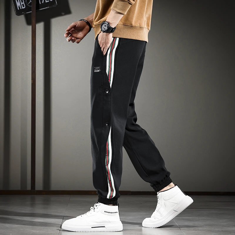 春秋款黑色休闲裤男生潮牌个性时尚工装裤条纹拼接撞色运动束脚裤