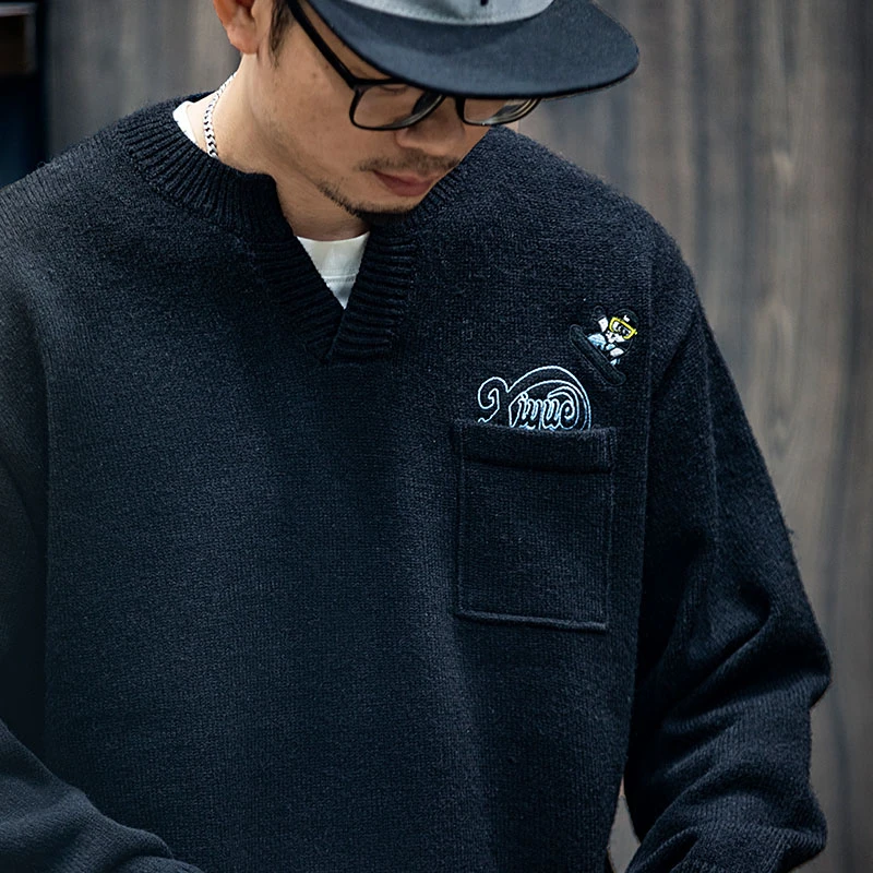冬季高品质黑色毛衣男宽松潮牌刺绣针织外套休闲亨利领内搭毛线衣
