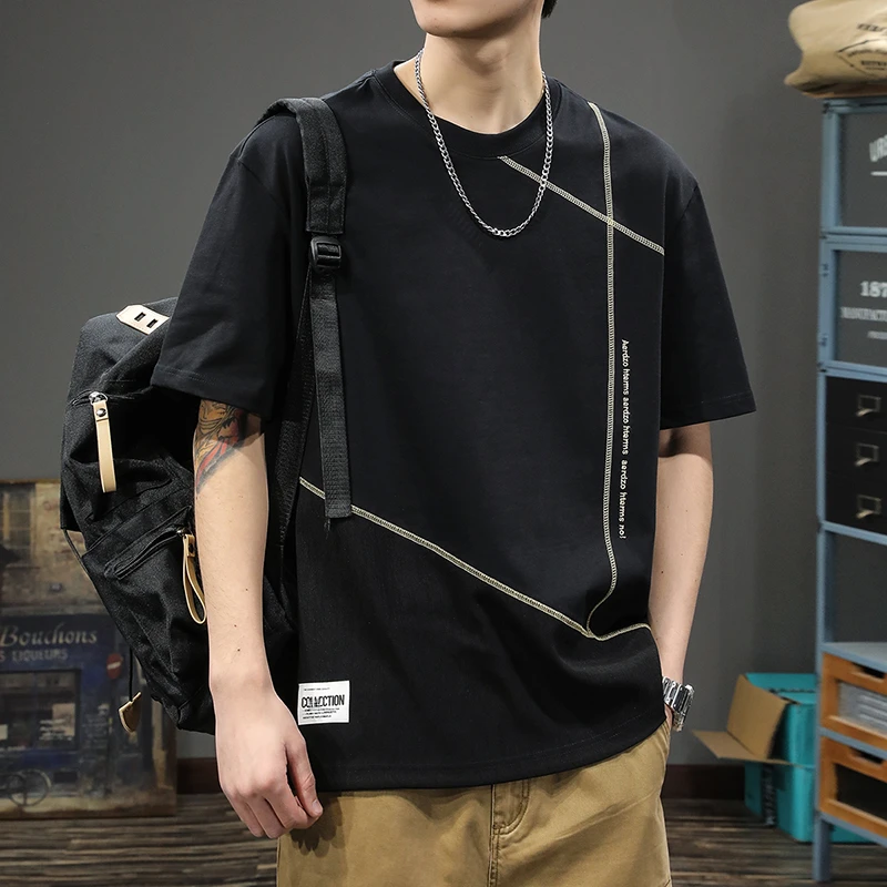 美式高街潮流设计感拼接短袖男宽松大码圆领半袖夏季薄款纯棉体恤