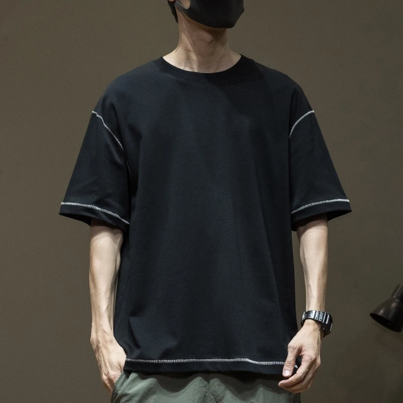 缉明线设计感上衣男士夏季薄款短袖t恤宽松潮牌休闲上衣美式体恤