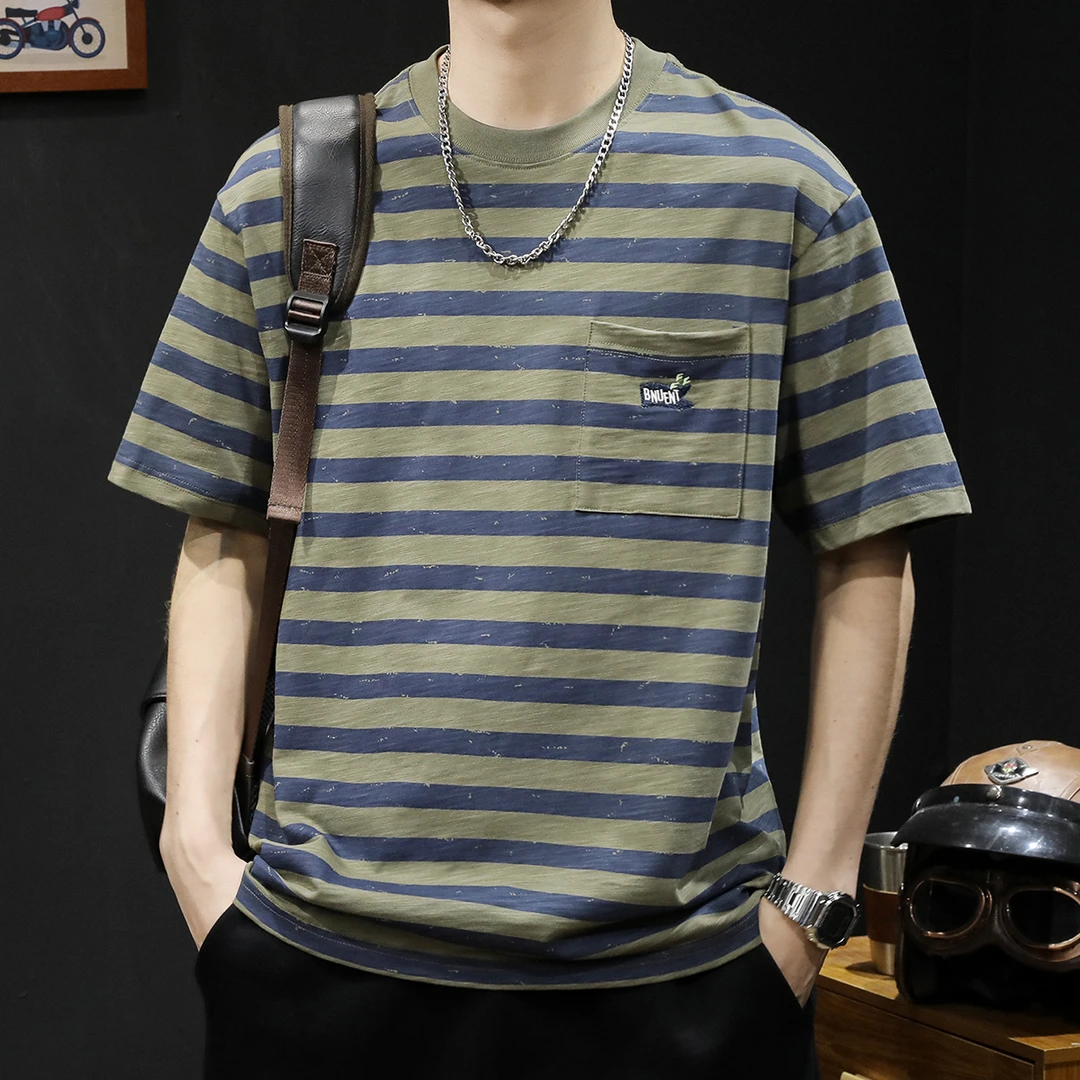 美式重磅条纹短袖t恤男潮牌圆领大码半袖夏季纯棉海魂衫印花体恤