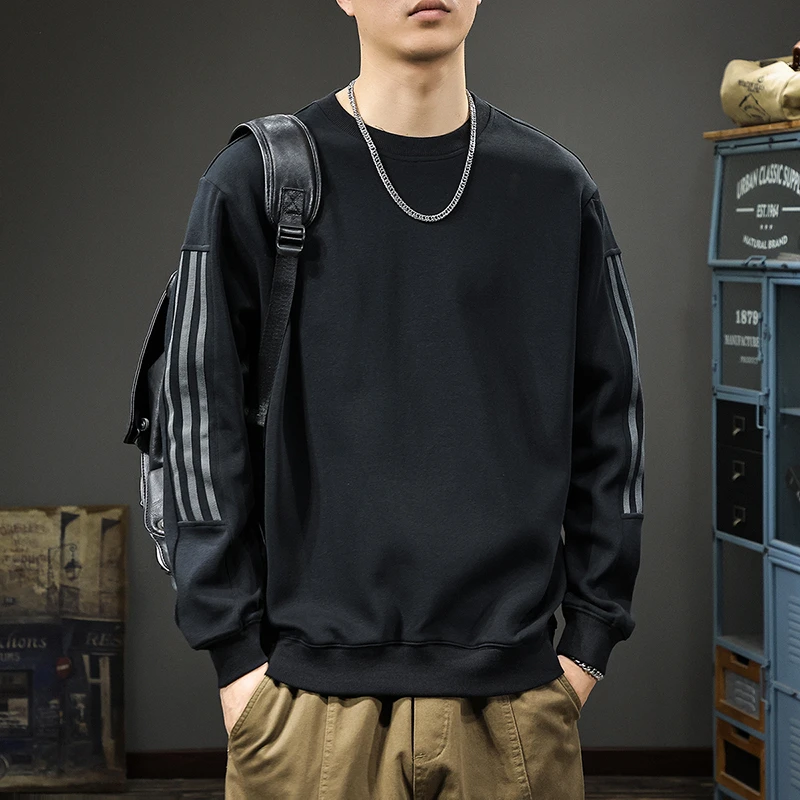 美式重磅圆领卫衣男士潮牌秋冬新款宽松条纹休闲长袖上衣加绒加厚