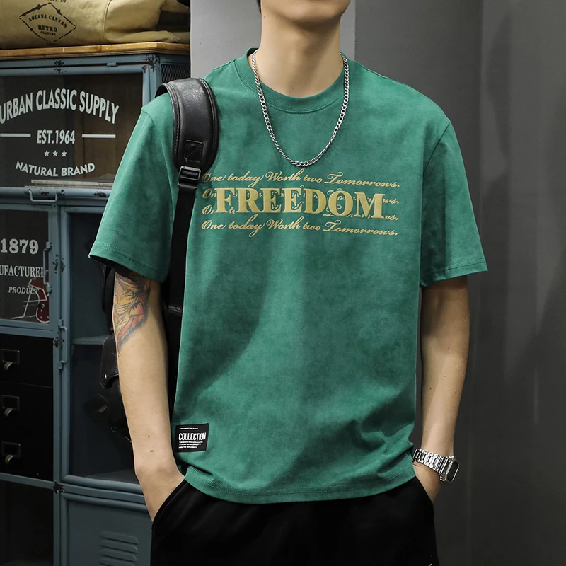 夏季欧洲站重磅复古短袖t恤男潮牌印花宽松大码男士休闲印花体恤