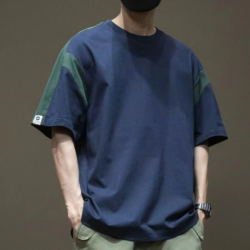 夏季潮流日系拼接撞色重磅短袖T恤男32支双纱纯棉男士落肩袖体恤