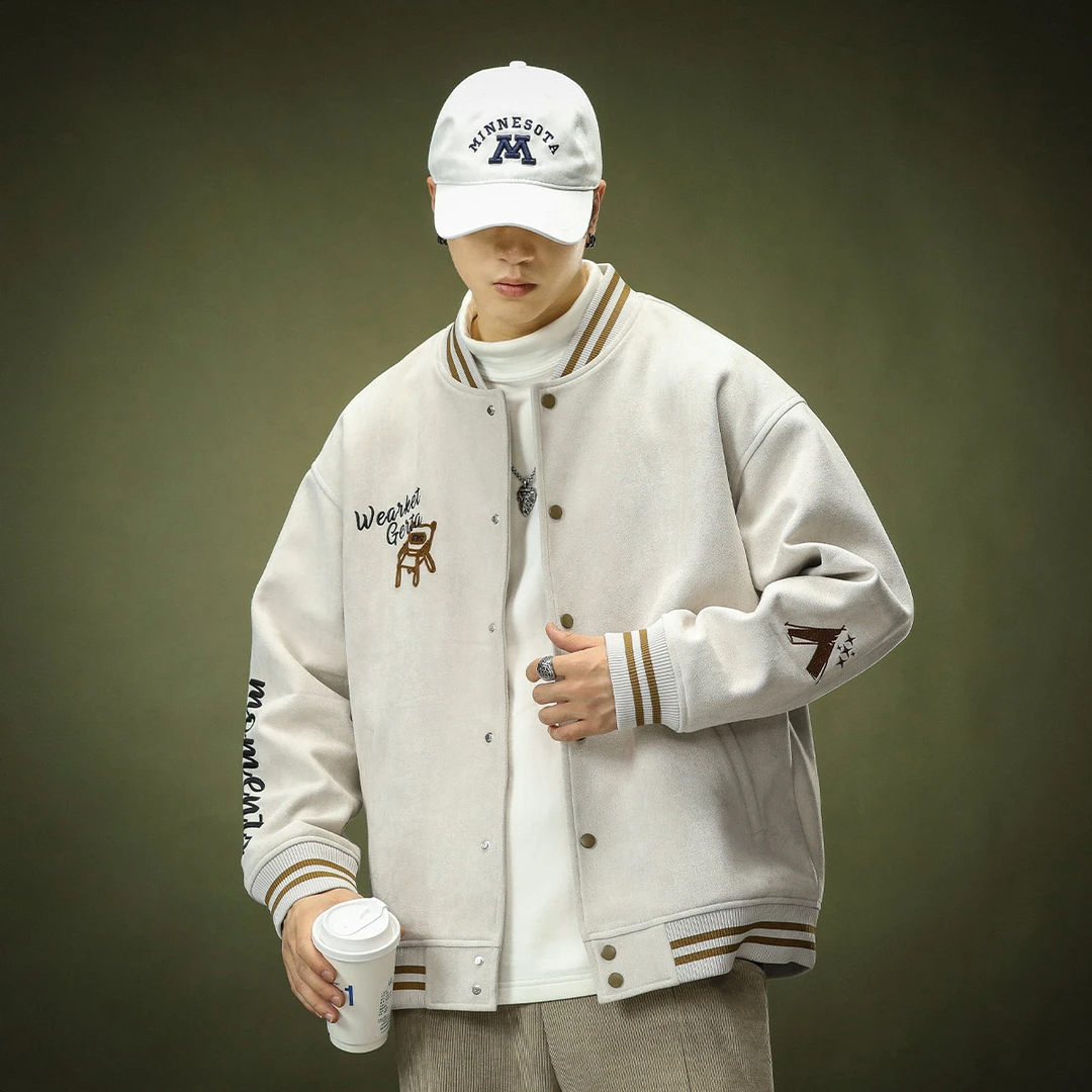 麂皮绒字母棒球服春秋潮流青年情侣炸街飞行夹克复古时尚刺绣外套