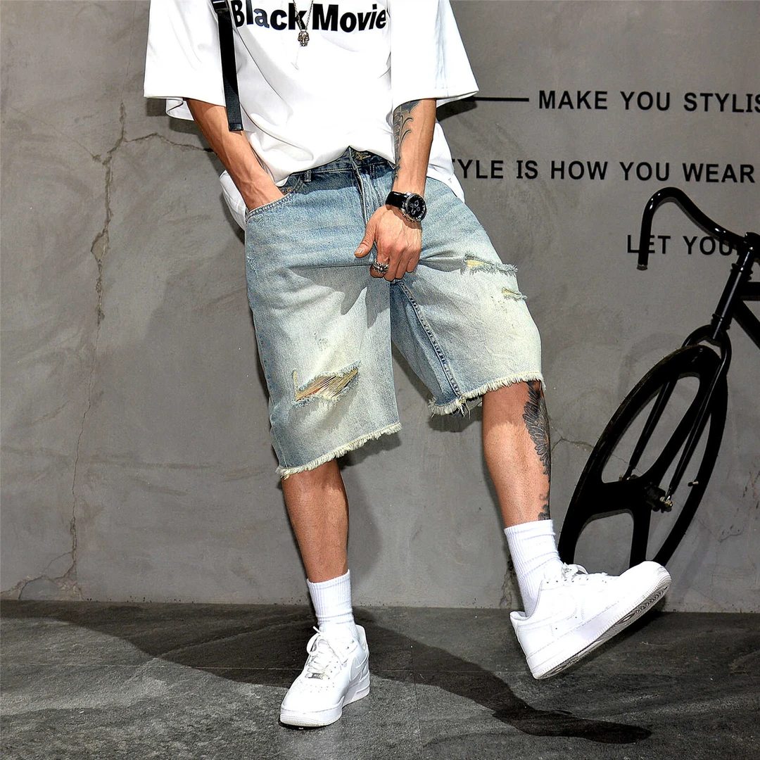 破洞牛仔短裤男夏季美式水洗做旧垂感宽松五分裤2025新款直筒中裤