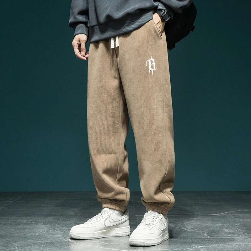 卡其色加绒加厚卫裤男宽松大码美式潮牌束脚运动裤秋冬重磅休闲裤
