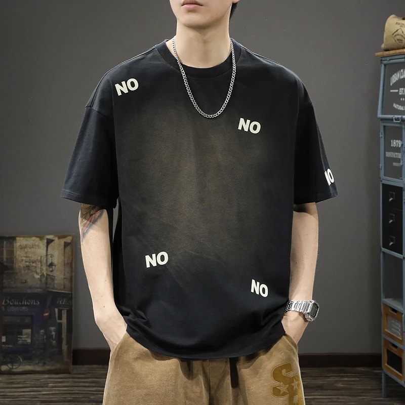 夏季薄款复古水洗短袖t恤男宽松大码重磅纯棉五分袖渐变半袖体恤