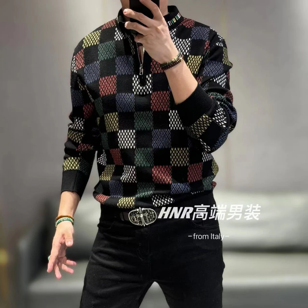 2024秋冬新款规则方块撞色图案羊毛休闲百搭男士长袖T恤202491