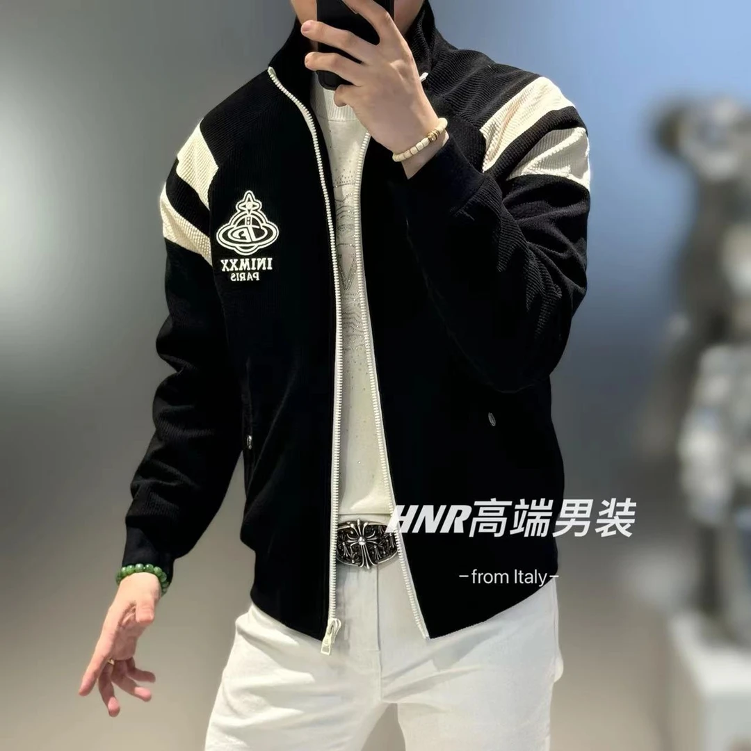 黑白字母飞碟图案新款高端男士时尚休闲百搭潮流立领夹克3812