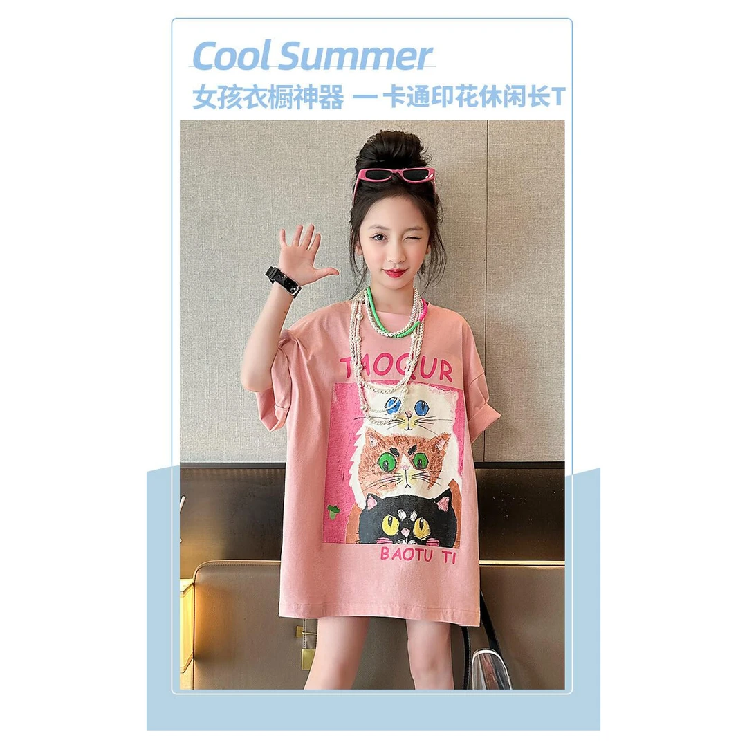 2024新款纯棉女童短袖T恤时尚网红洋气夏季宽松中长款上衣ins
