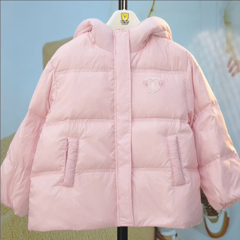 卜吉熊女童时尚保暖白鸭绒休闲秋冬连帽羽绒服儿童中长款轻薄加厚