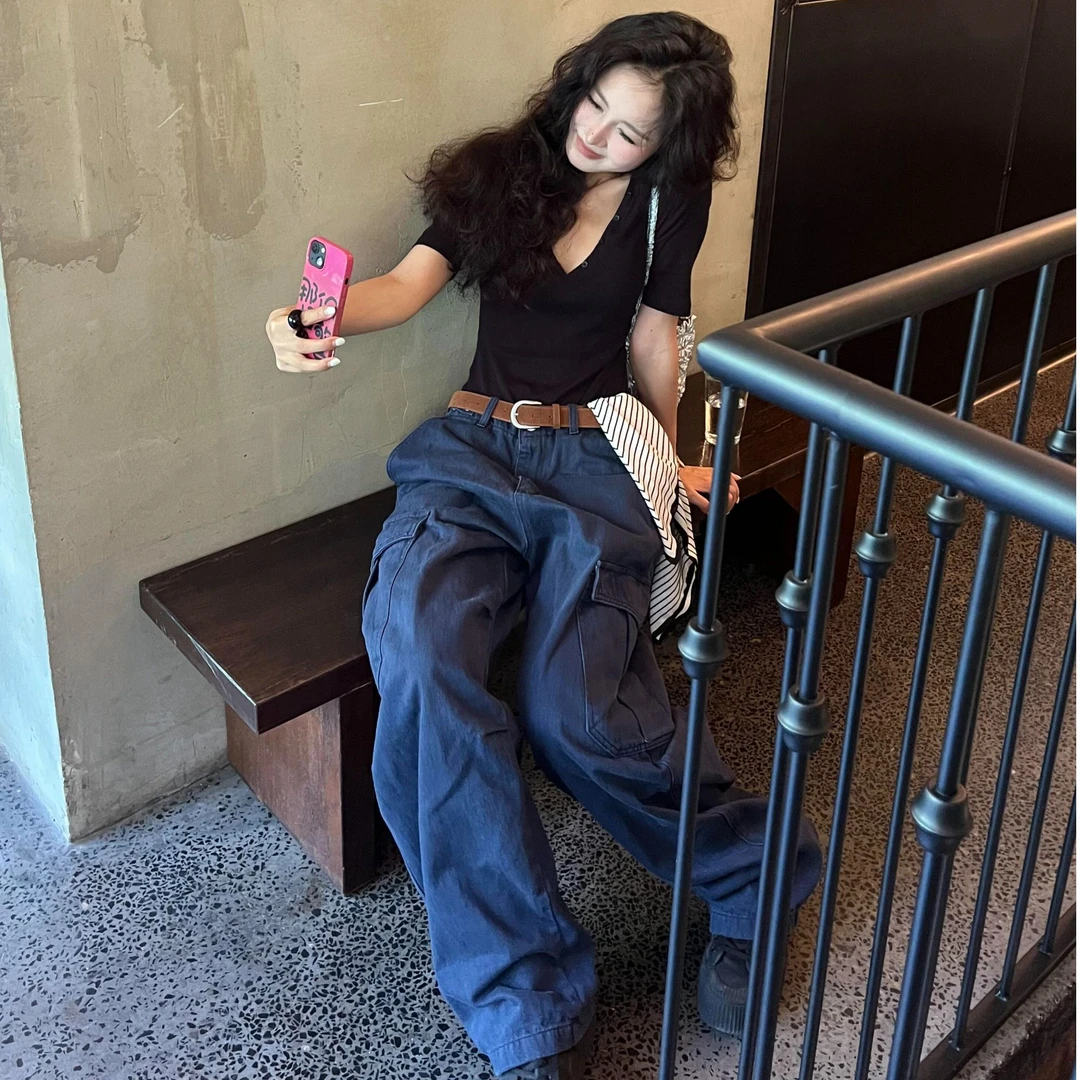 黑色V领修身短袖t恤女设计感掐腰收腰小个子辣妹风韩版打底上衣夏