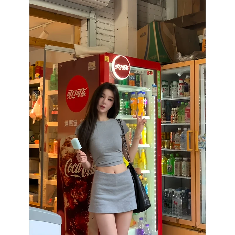 2024夏季新款时尚辣妹修身显瘦灰色圆领短袖T恤性感高腰包臀短裙