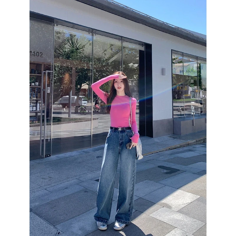 早秋小个子简约时尚通勤穿搭修身显瘦纯色长袖T恤高腰垂感阔腿裤