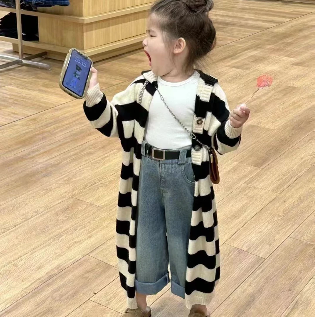 女童针织开衫2025秋装新款条纹毛衣中长款慵懒风儿童宝宝毛线外套