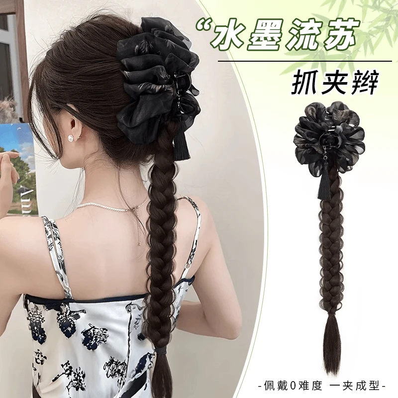 抓夹麻花辫单马尾假发女新中式假发水墨流苏泡泡假发长辫子发饰