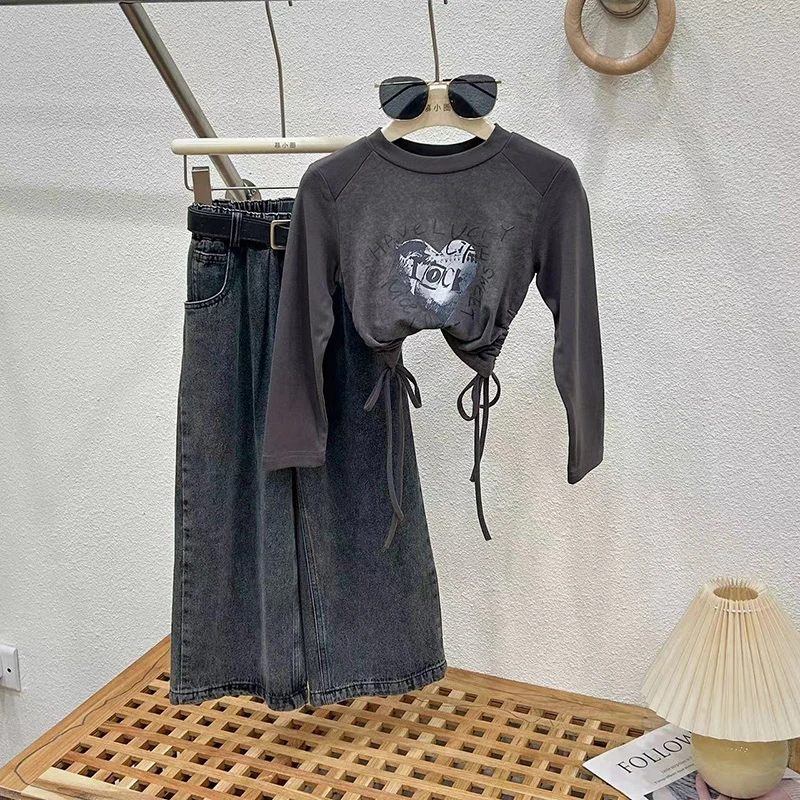 女童女宝牛仔裤套装春装新款中大童儿童阔腿春秋网红洋气直筒裤子