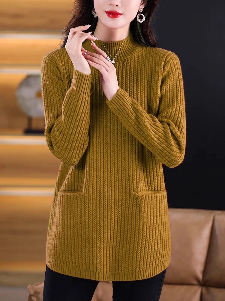 秋冬半高领毛衣女加厚新款洋气针织打底衫韩版中长款遮屁股宽松
