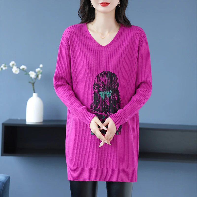春秋洋气V领毛衣女印花针织衫韩版洋气减龄打底衫宽松遮肚子显瘦