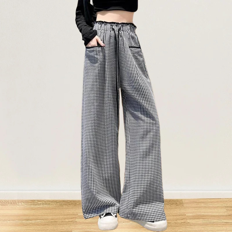 高腰垂感阔腿裤格纹绑带设计感休闲裤子女显瘦百搭宽松2024秋季