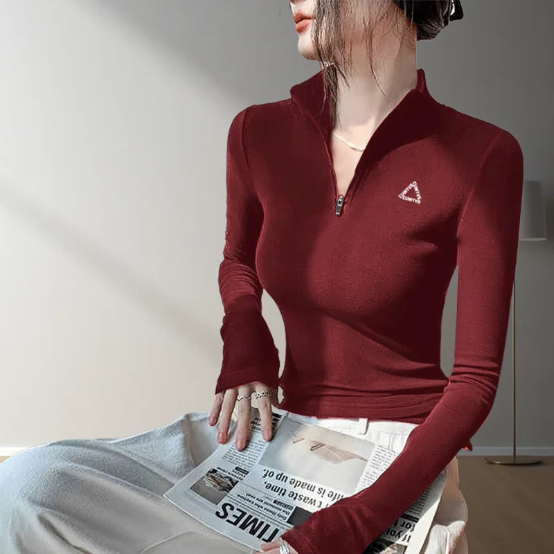 【礼盒装】打底衫女高端显瘦字母刺绣半高领拉链长袖T恤2025秋冬款