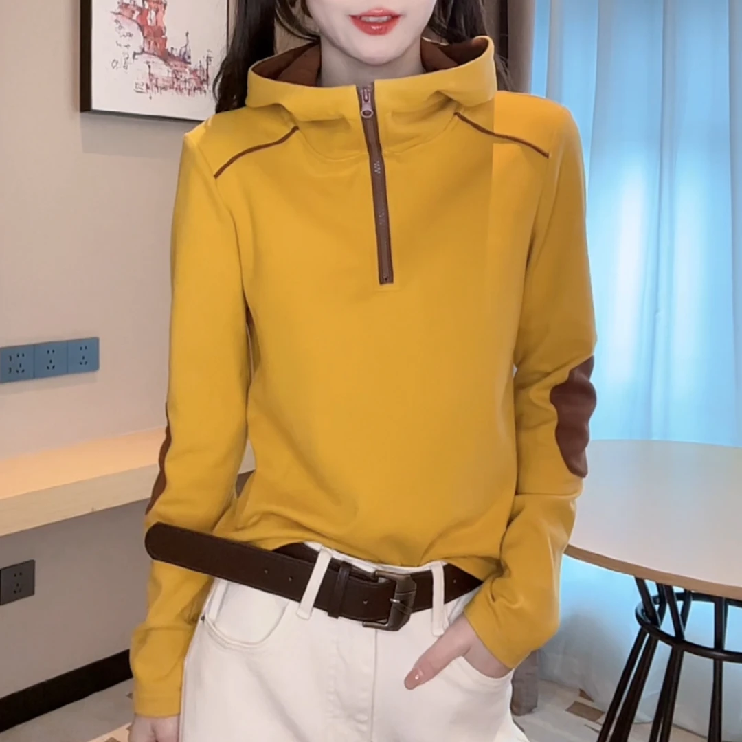 拼色连帽德绒打底衫女半拉链显瘦上衣2025秋冬时尚减龄气质长袖