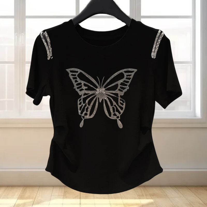 设计感大码露肩显瘦捏褶镶钻短袖T恤女夏季新款百搭蝴蝶上衣体恤