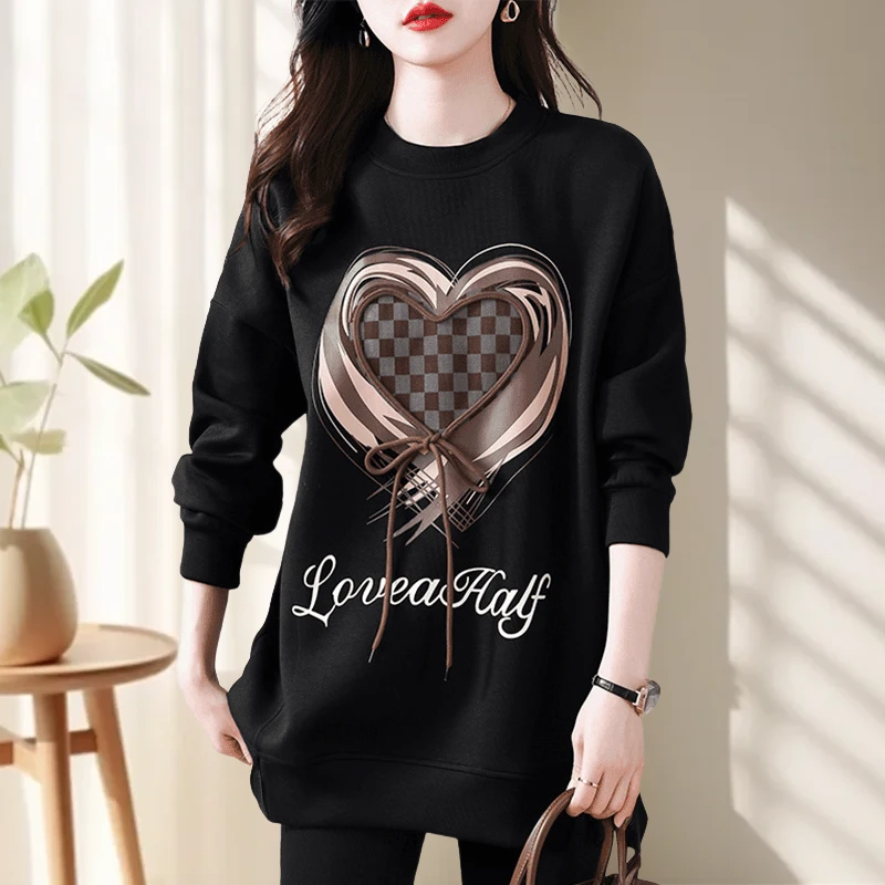 韩版长袖宽松薄款卫衣女中长款时尚百搭2025秋冬拼接印花绑绳开叉