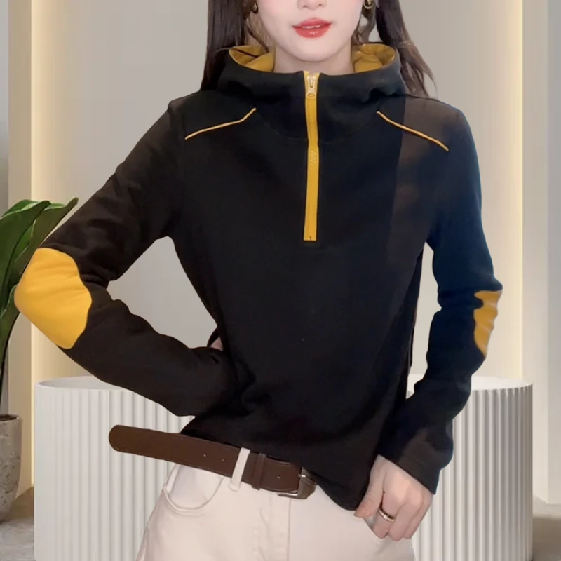 德绒保暖连帽拼色打底衫女显瘦上衣2025秋冬长袖半拉链气质时尚