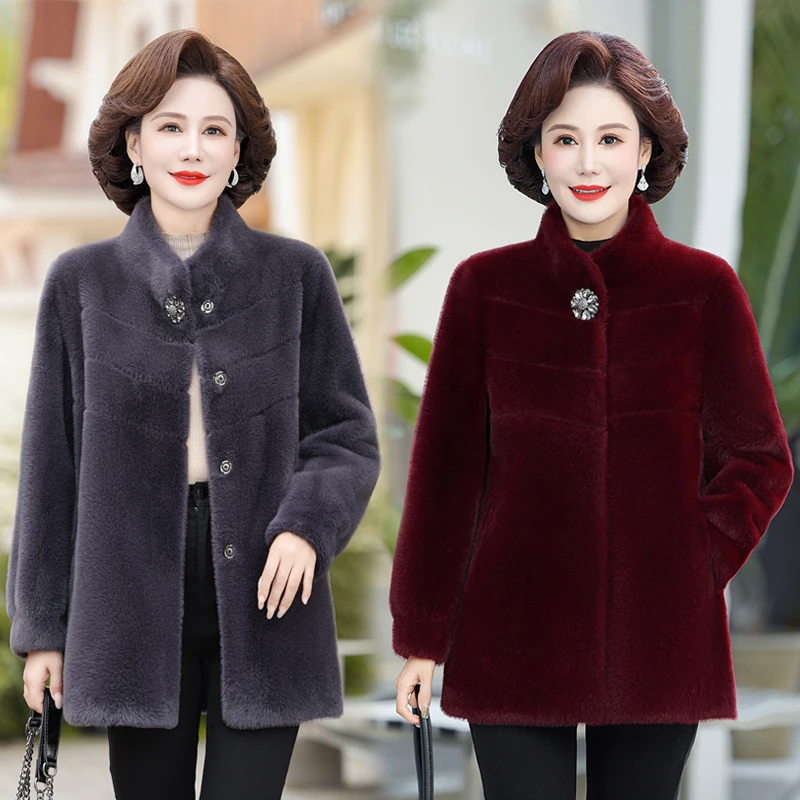 妈妈冬装水欧绒外套洋气贵夫人丹麦貂大衣中年女秋冬皮毛一体棉衣