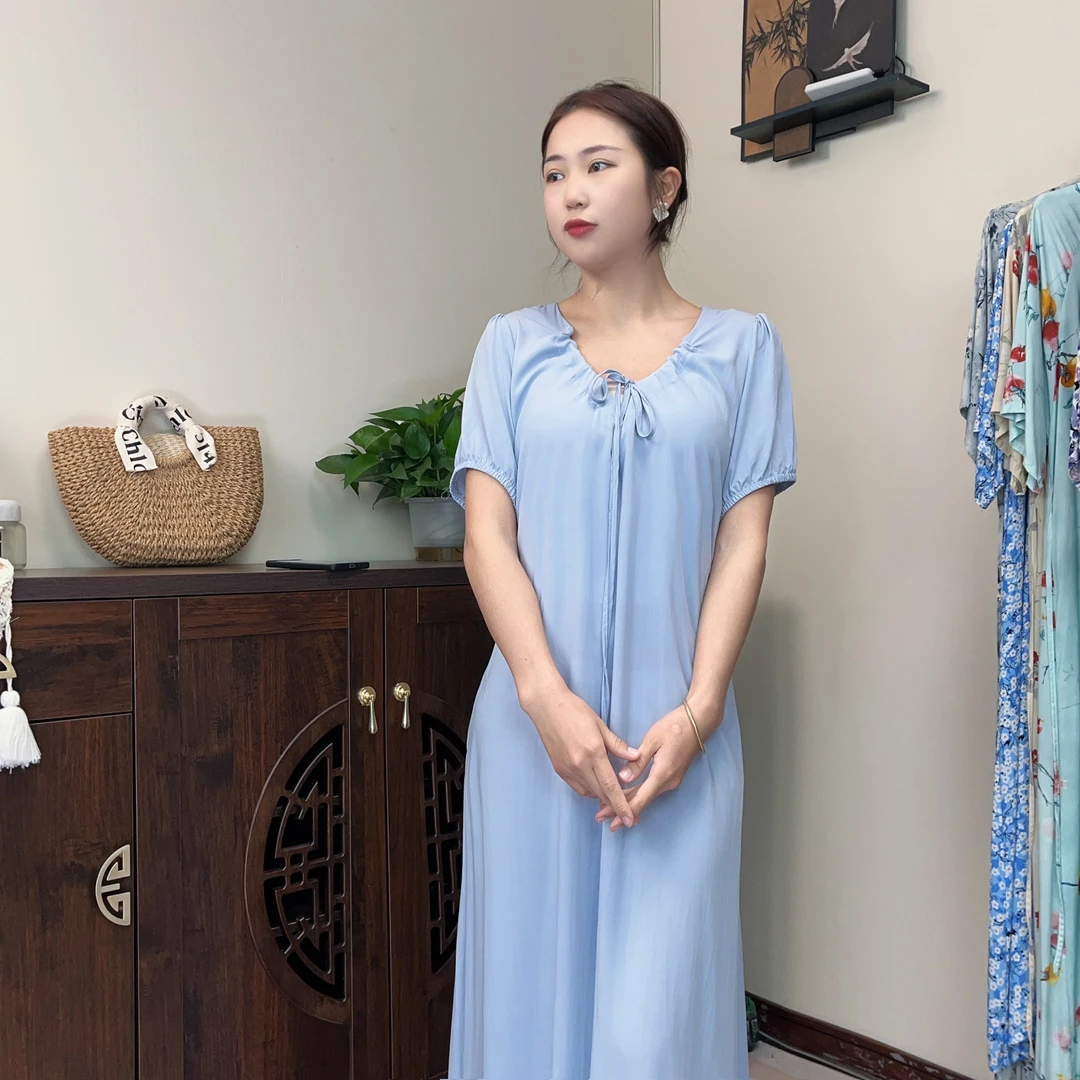 新款高品质棉绸连衣裙气质春夏碎花人造棉国风宽松轻薄中式裙子