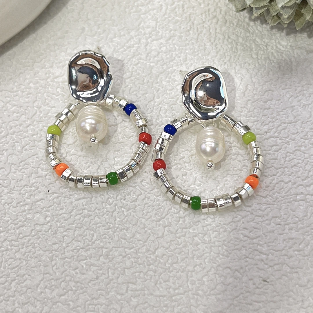 铜合金仿珍珠耳饰 【蜜思李】多巴胺珠珠圈圈耳钉彩色手工