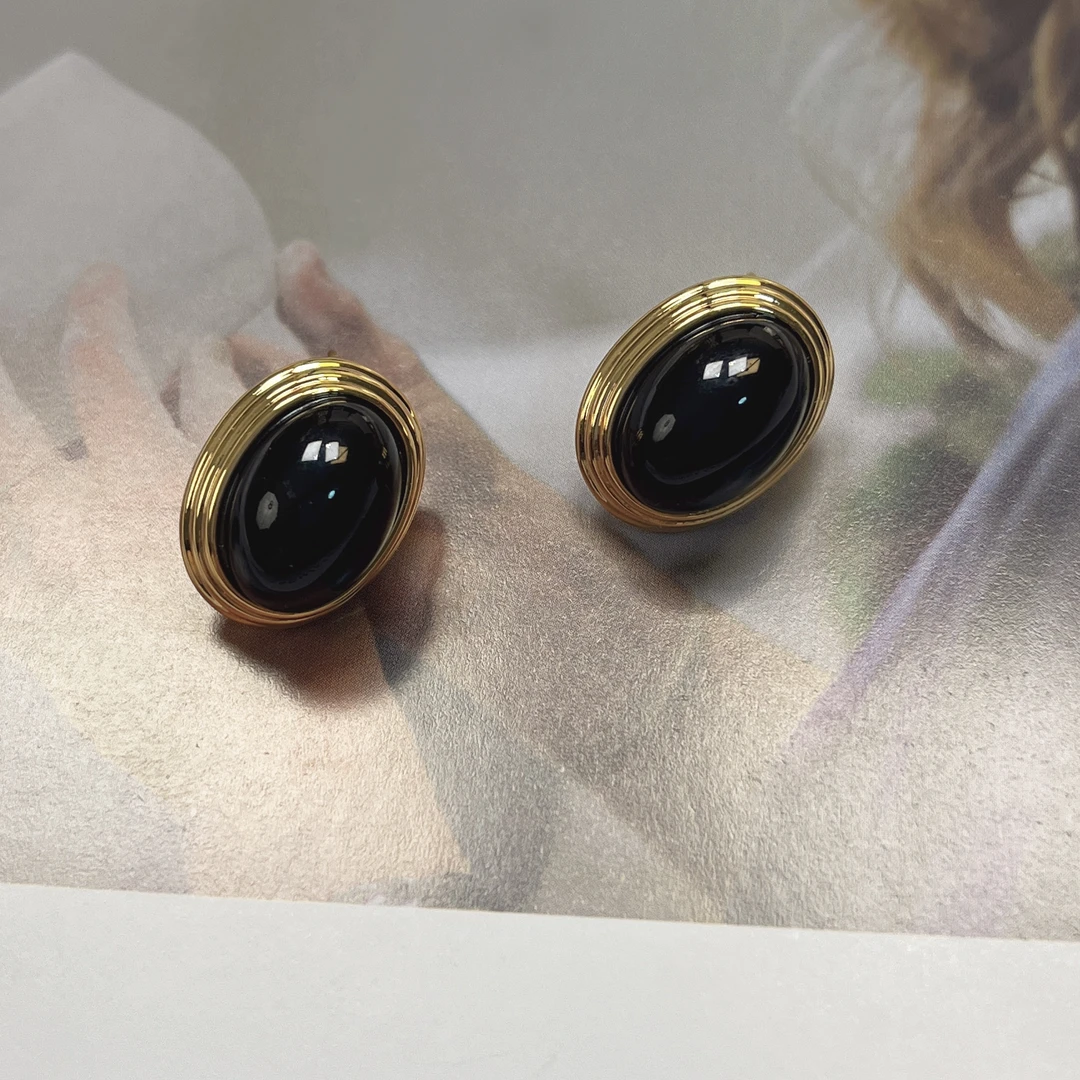 铜合金耳饰 【蜜思李】椭圆黑金气质耳钉时尚百搭轻奢 323