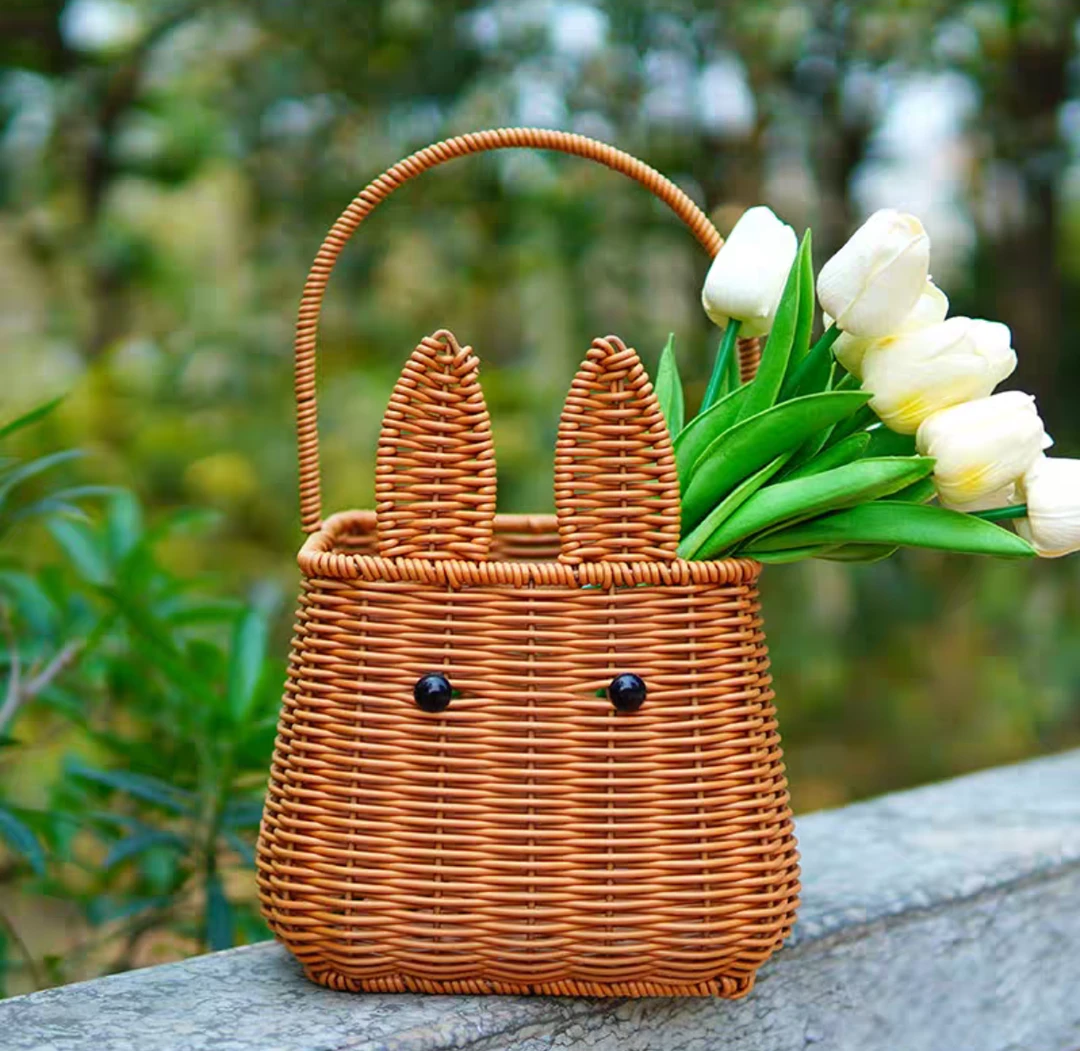 /小兔子单提手购物篮总高32*22精致可爱篮子手提藤编手提篮