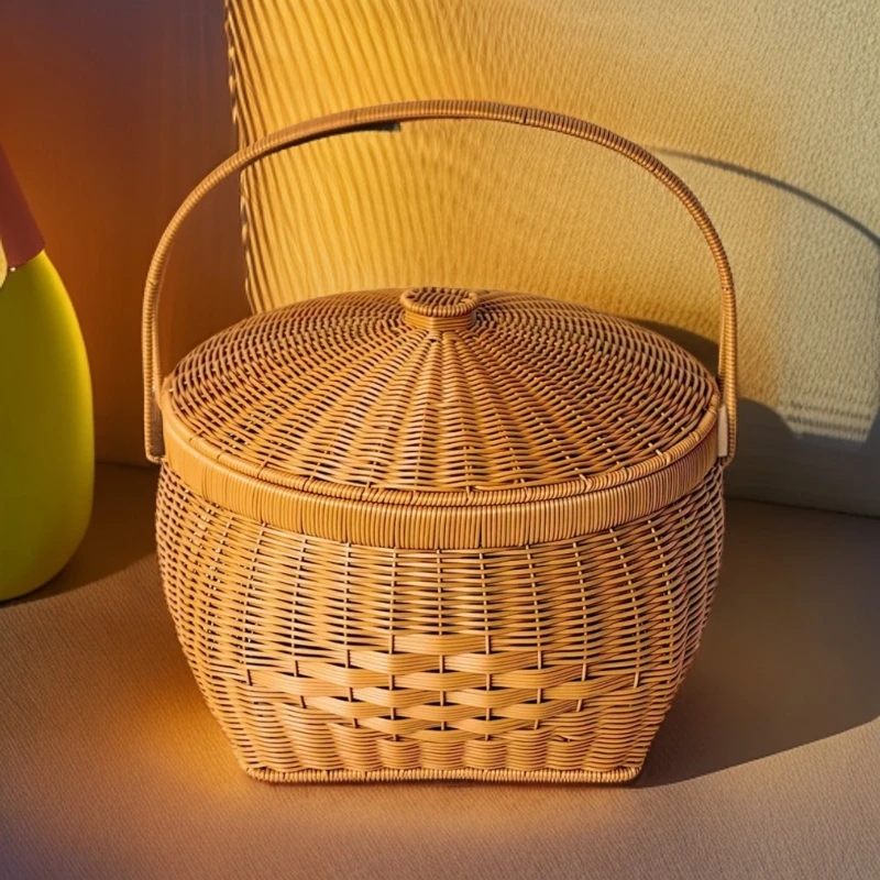 新款特大号手提篮方底带盖野餐篮/装大鹅鸡鸭/家用特大号藤编篮子