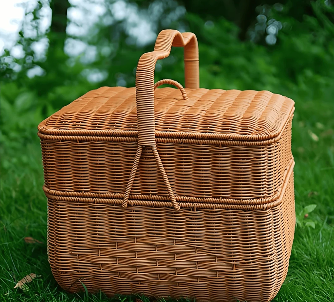 长方形双层户外野餐篮拜神专用大容量手提编织篮子家用买菜手工