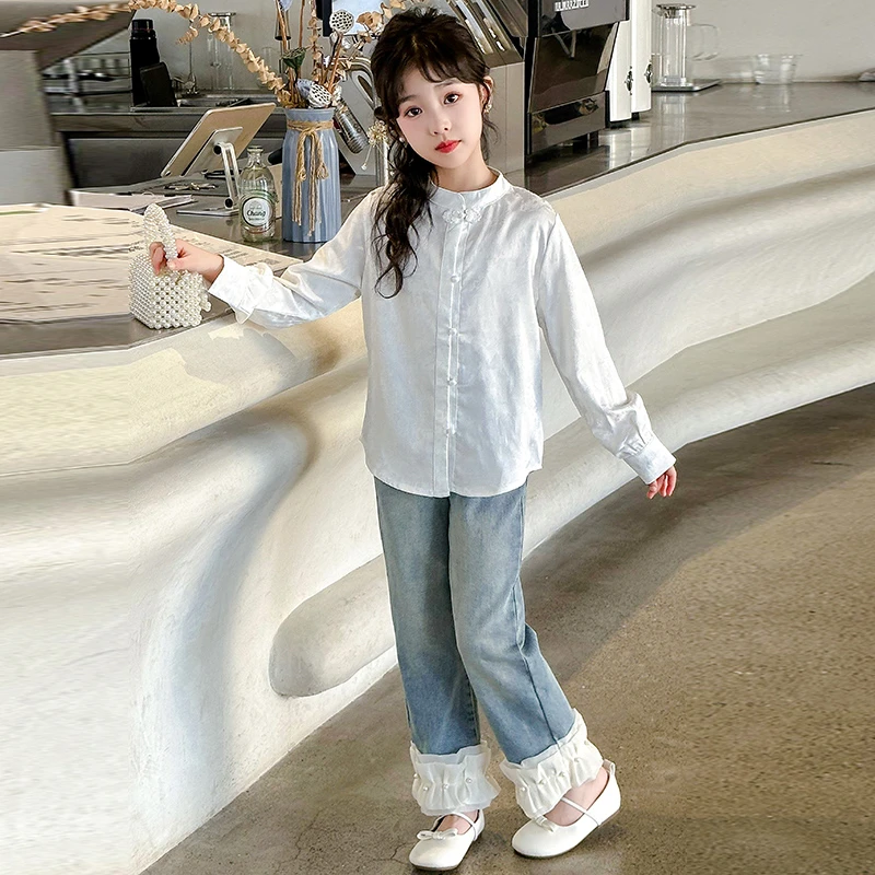 女童白色衬衫秋装2024新款洋气中大儿童女孩新中式衬衣韩版时尚潮