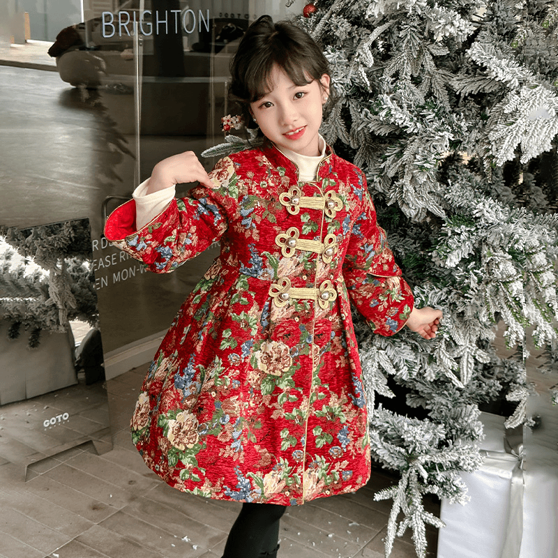 女童拜年服汉服连衣裙秋冬装中大儿童唐装新中式旗袍裙子夹棉加厚