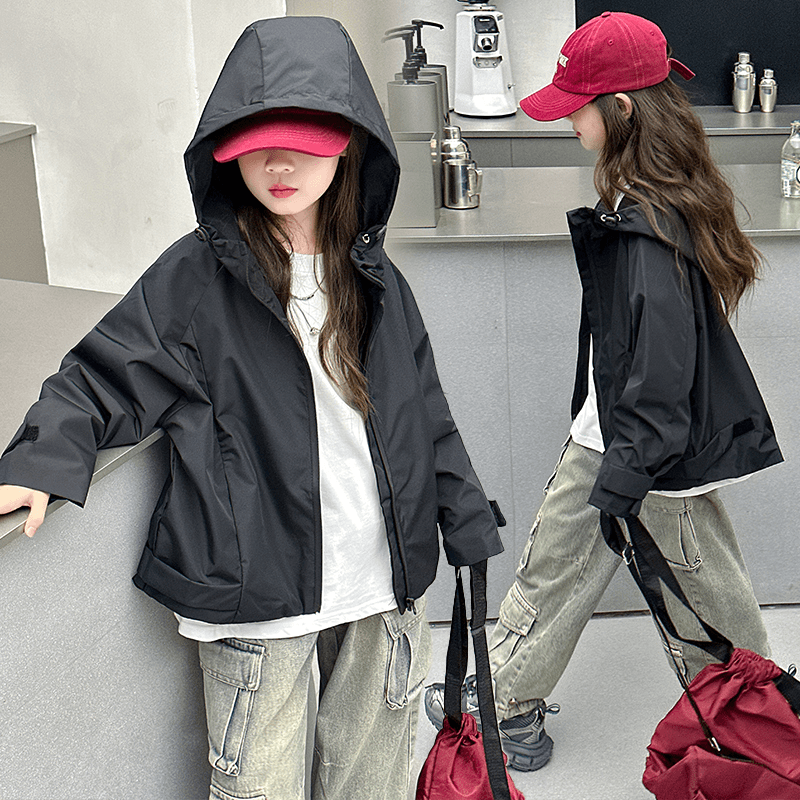 女童秋装连帽外套2024新款洋气中大童女孩上衣夹克休闲儿童冲锋衣