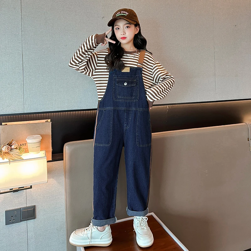 女童秋装牛仔背带裤套装2024新款洋气时髦中大儿童宽松休闲长裤子
