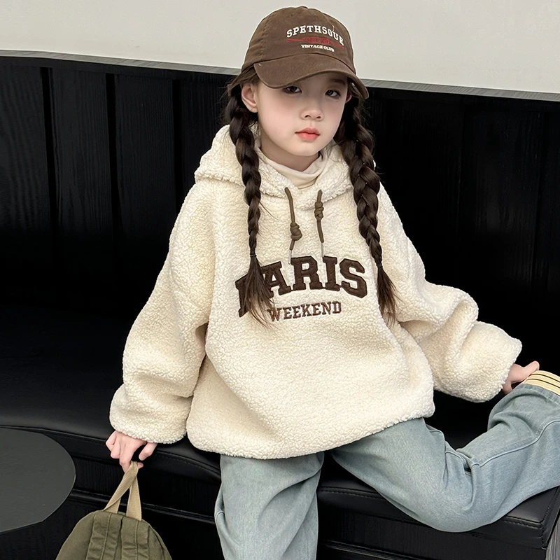女童卫衣加绒秋冬装2025新款洋气中大儿童连帽上衣加厚毛毛衣时尚