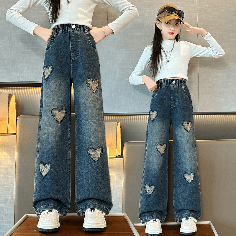 女童秋装破洞牛仔裤2024新款洋气中大儿童女孩休闲阔腿长裤子直筒