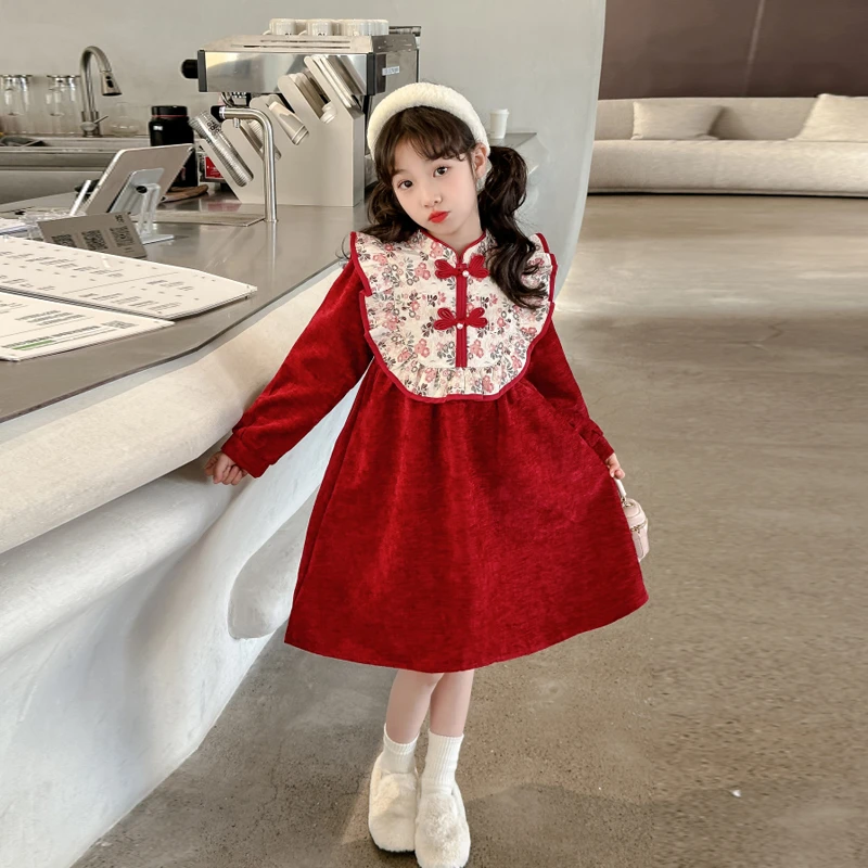 女童拜年服连衣裙加绒秋冬装2024新款洋气中大儿童中国风公主裙子