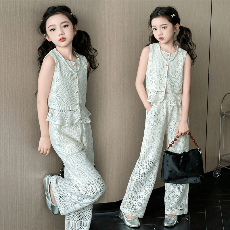 女童夏季套装2024新款蕾丝钩花马甲无袖上衣女孩儿童阔腿裤两件套